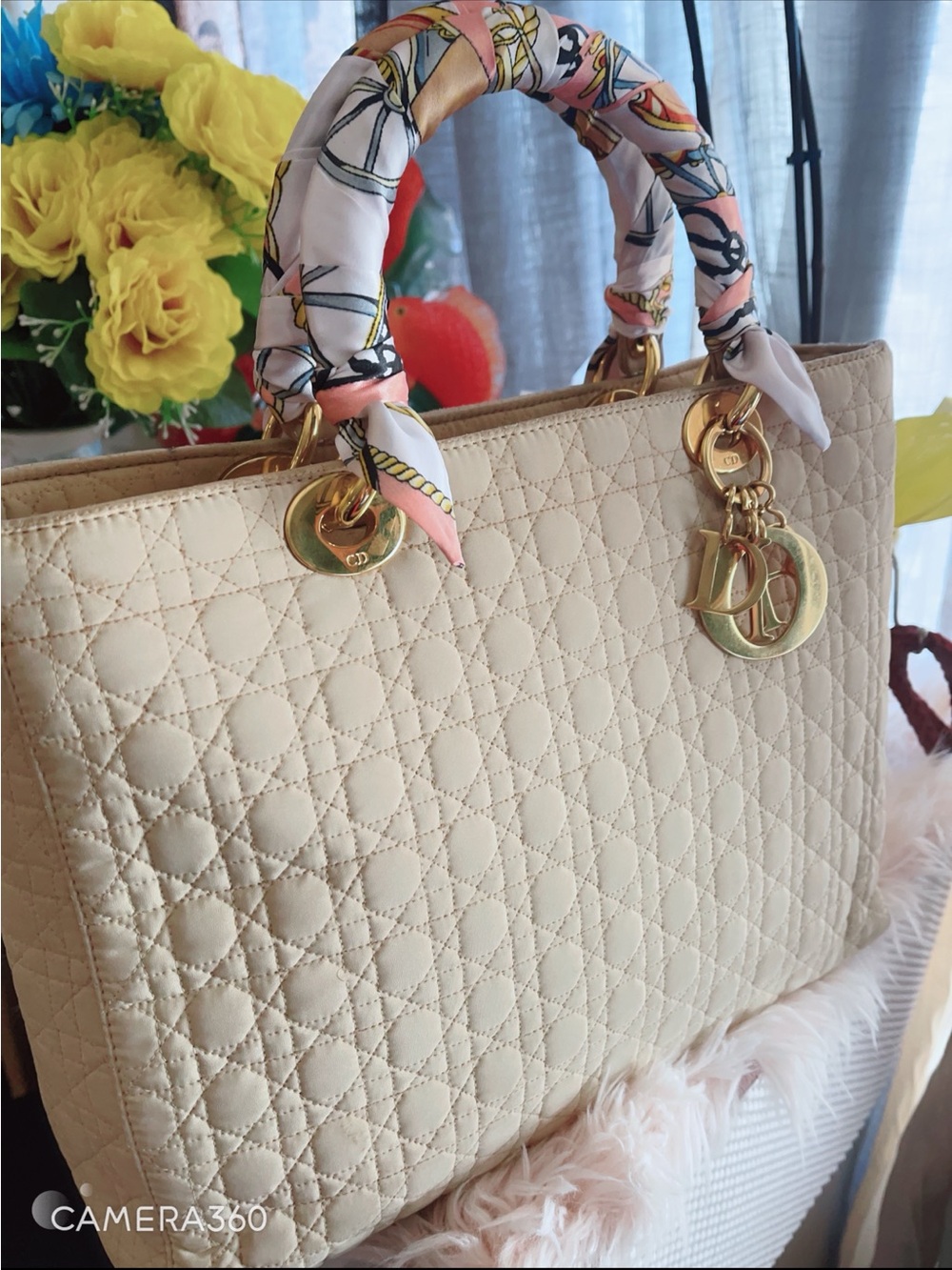 Dior Beige Quilted Tote with Gold Charms and Patterned Handle Wrap - Picture 8 of 10